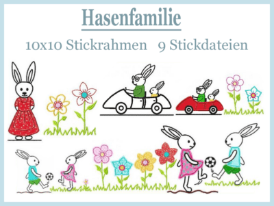 Stickdatei, Hase, Hasenfamilie, Blumenwiese, Ostern, Frühling, Motivstickdatei, Applikation