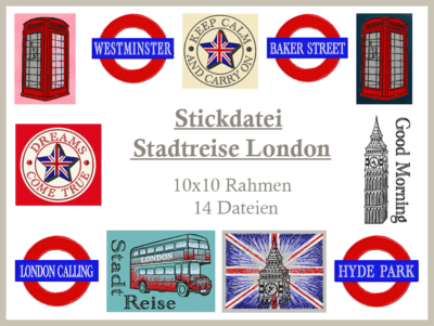 Stickdatei, London, Great Britain, Big Ben, Telefonzelle, Bus, Motivstickdatei, Doodle, England, Fahne