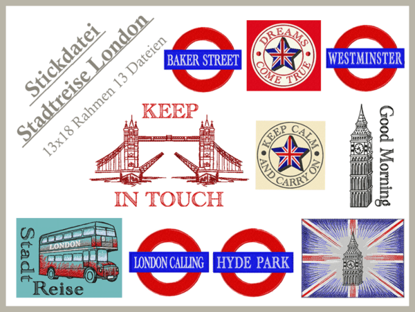 Stickdatei, London, Great Britain, Big Ben, Telefonzelle, Bus, Motivstickdatei, Doodle, England, Fahne